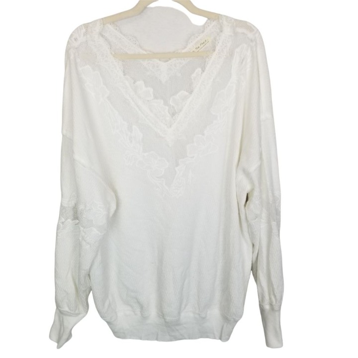 We The Free Womens L White Lace Pullover Sweater V-Neck Pullover Long Sleeves