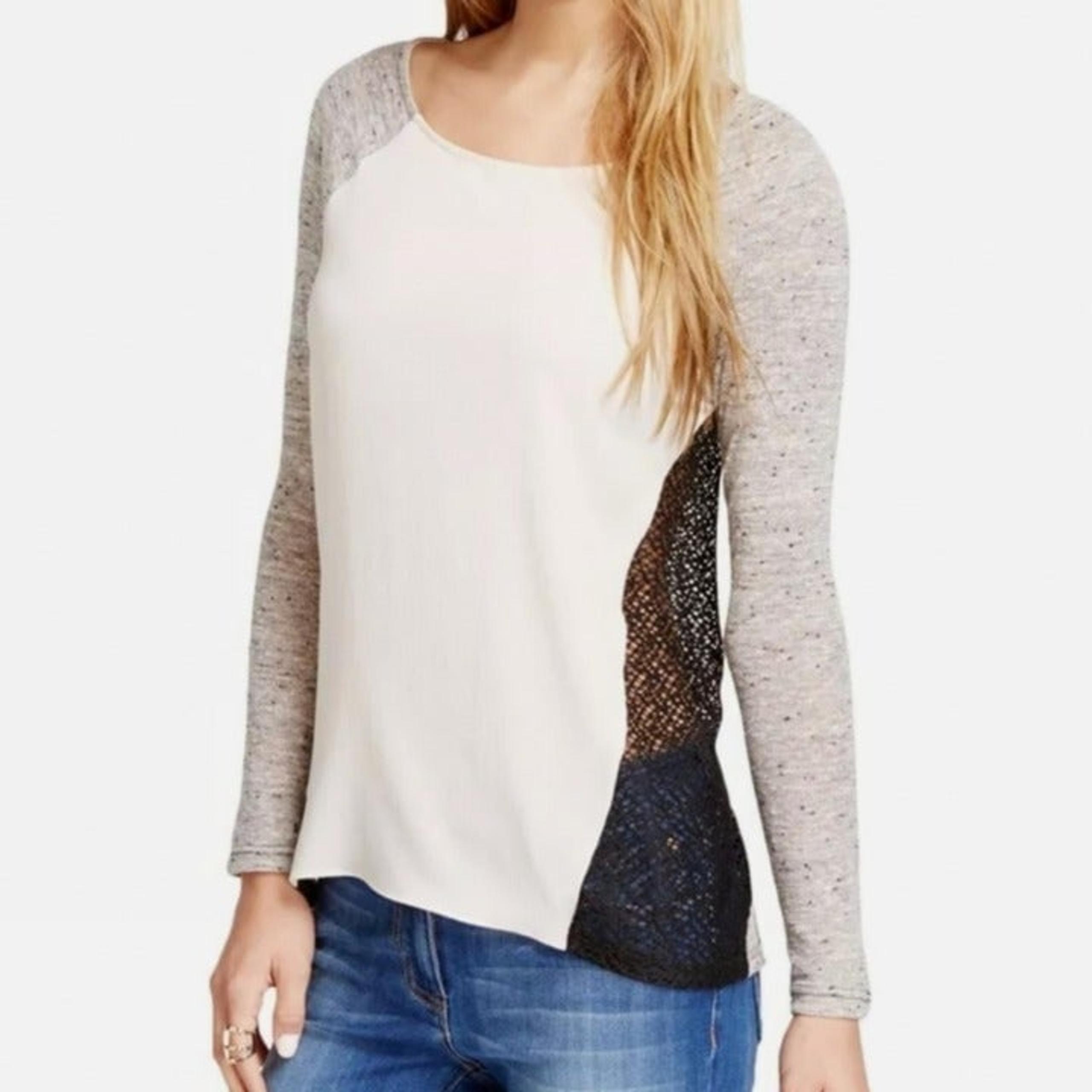 BAR III Illusion Mix Media Mesh Panels Crepe Knit Top Long Raglan Sleeves Hi Low