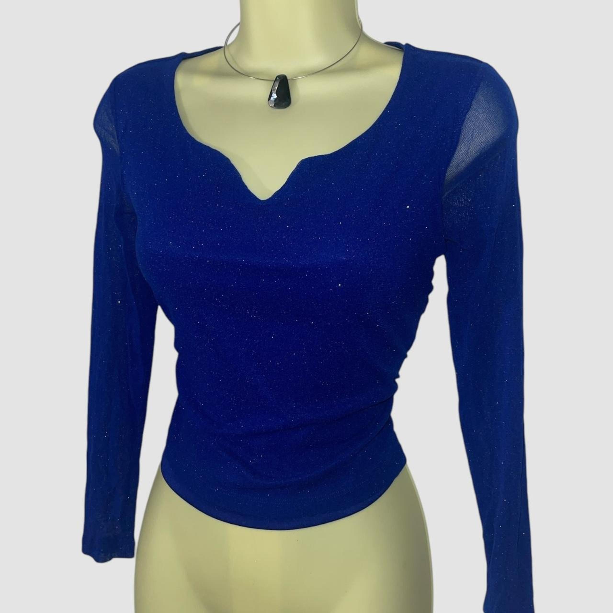 y2k VTG Fairy Blue Mesh Semi Sheer 3/4 Sleeve Sparkle  Cropped Top M/L