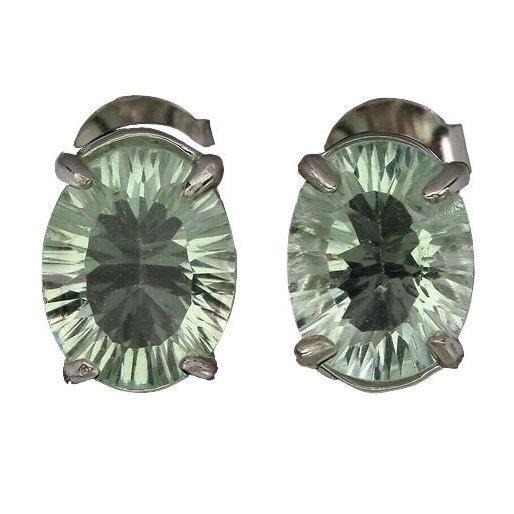 6.90Ct Natural Oval Cut Concave Green Amethyst Stud Earrings 14k White Gold