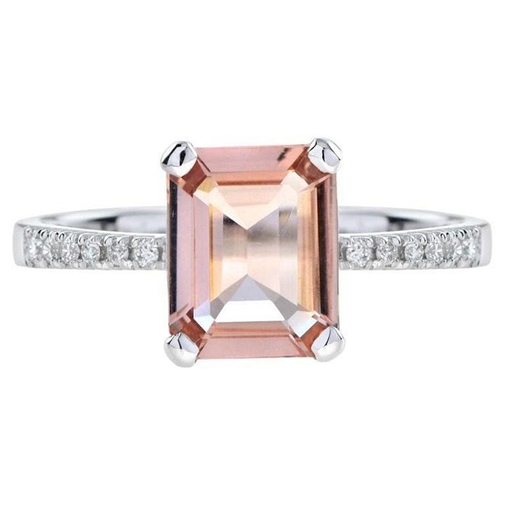 2.80Ct Natural Emerald Cut Pink Morganite & Diamond Solitaire Ring 14k White