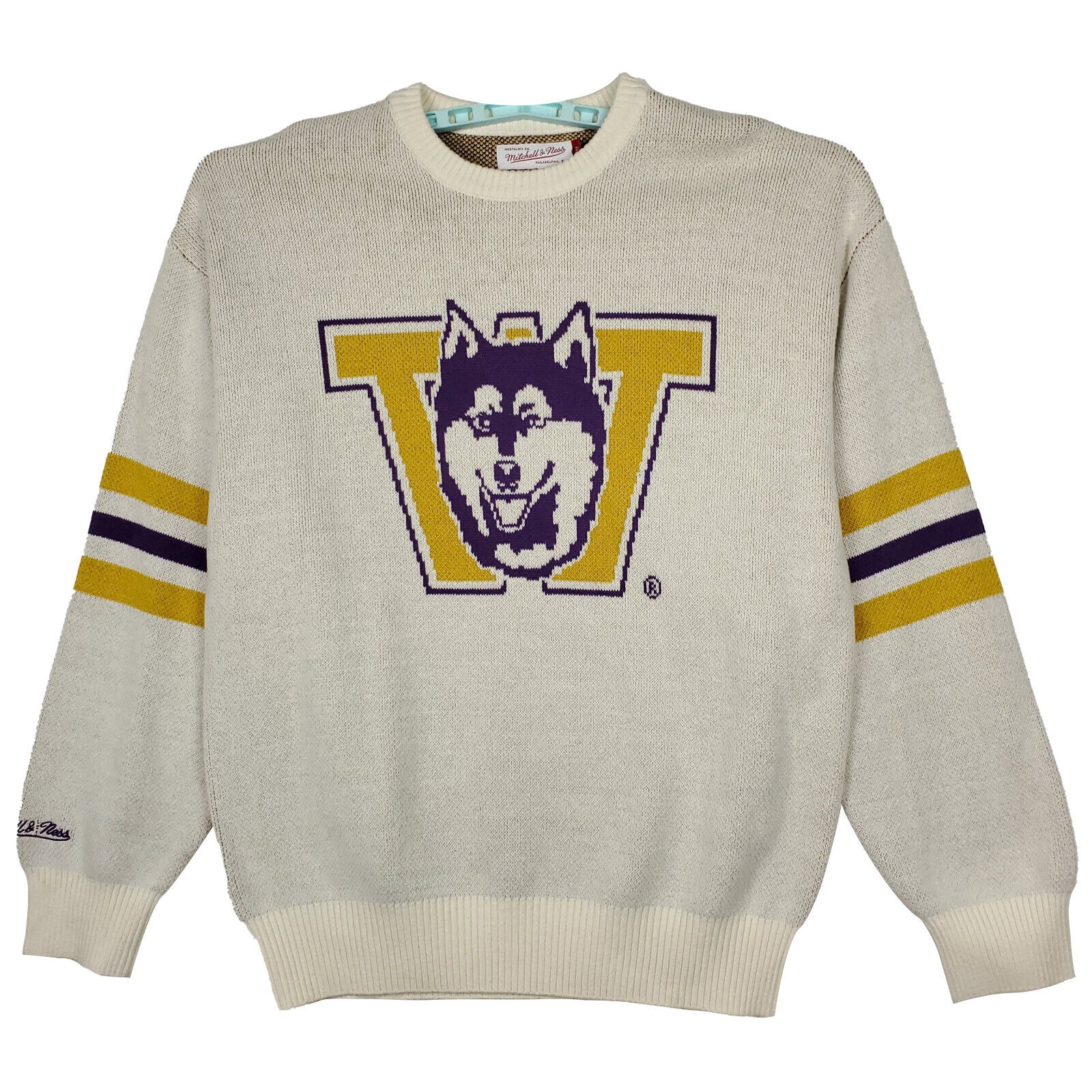 Washington Huskies Mitchell & Ness NCAA Large Knitted Sweater Cream Yellow NWT