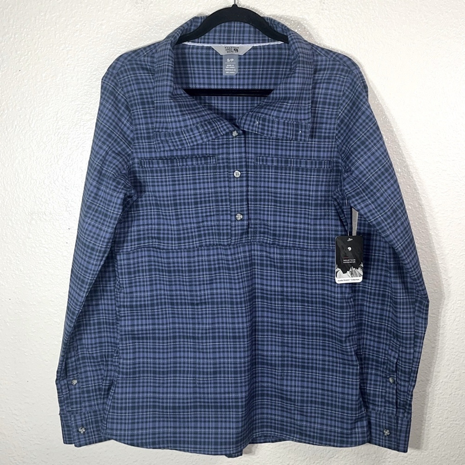 NWT Mountain Hardwear Button Down Acadia Stretch Plaid Popover Shirt Small blue