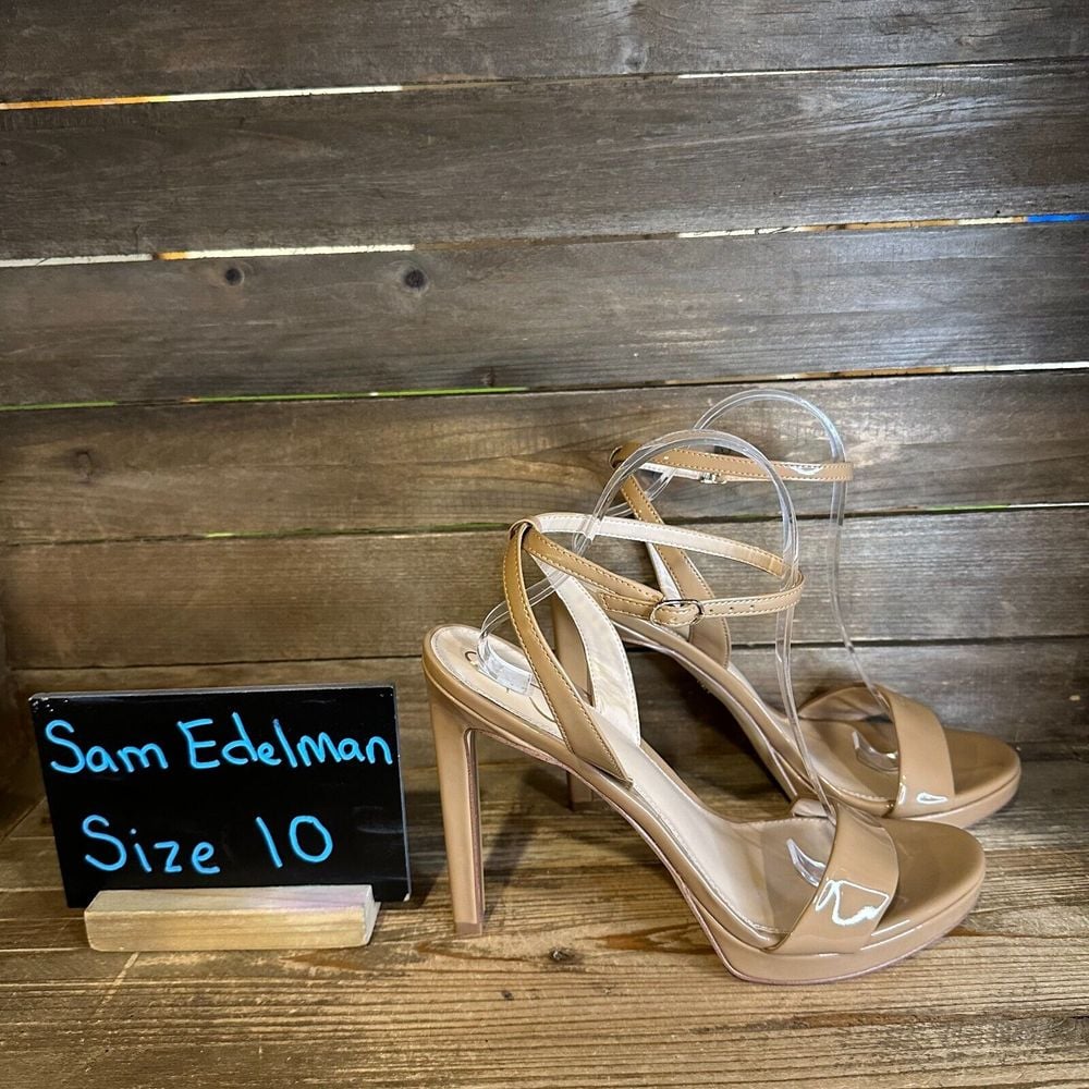 New Womens Sam Edelman Jade Nude Patent Leather Open Toe Heels Shoes Size 10 M