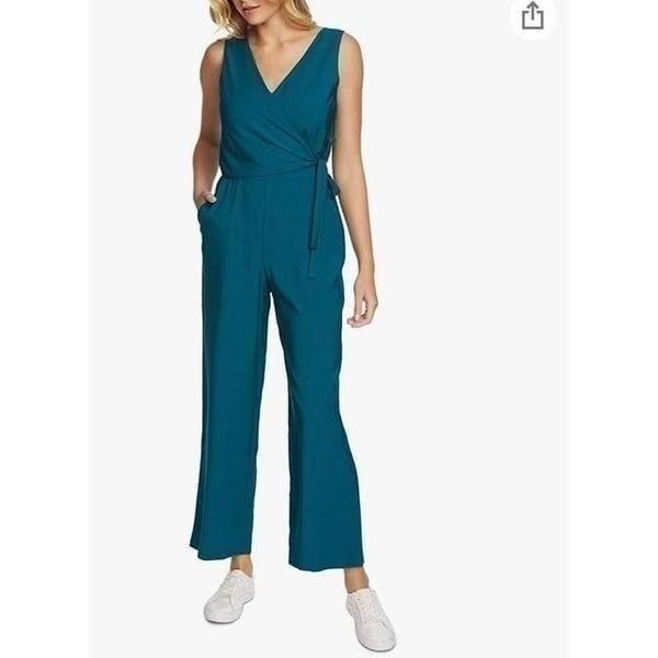 1.State Women's Twill Sleeveless V-Neck Wrap Front Jumpsuit Emerald Green Size 0