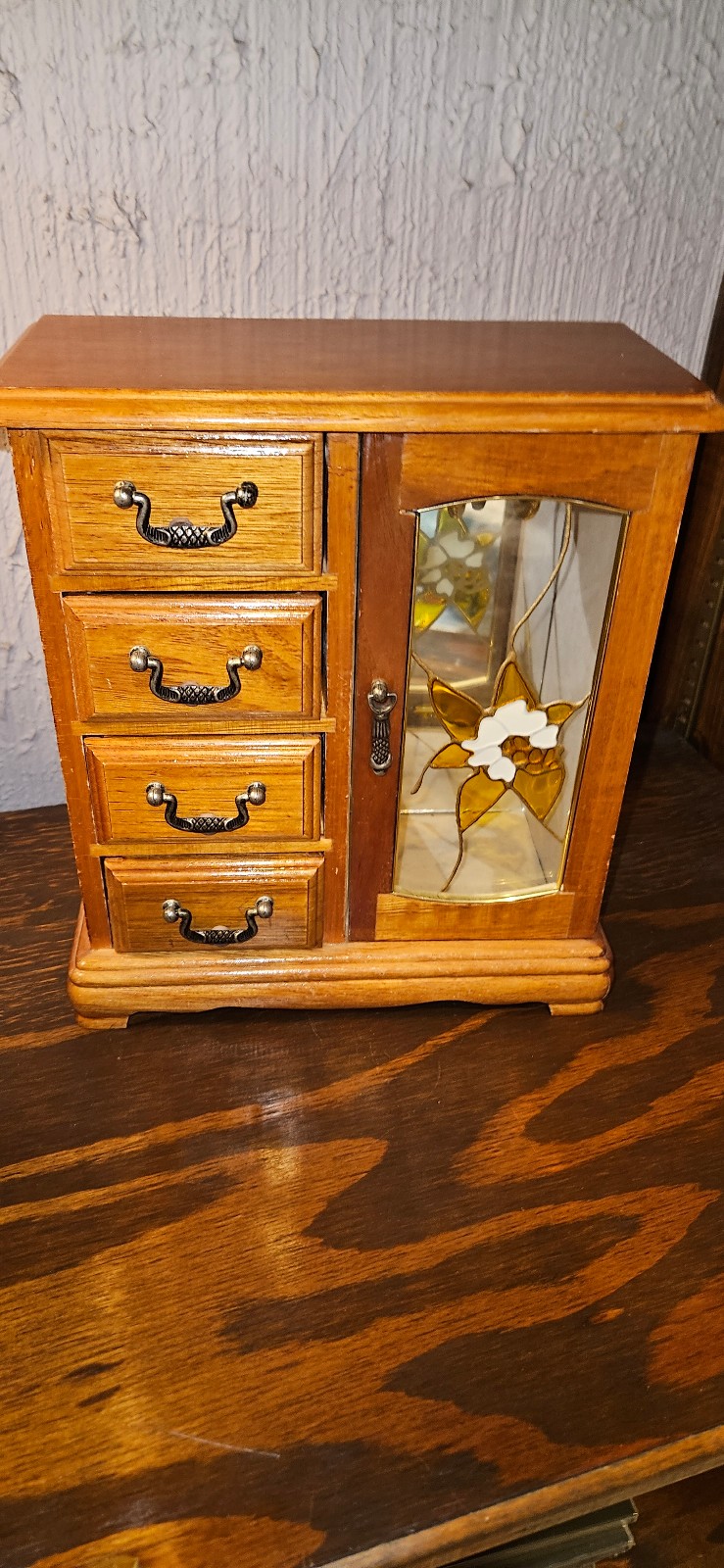 Vintage armoire-style jewelry box from the 1990s. 4 Drawer Painted Glass Door