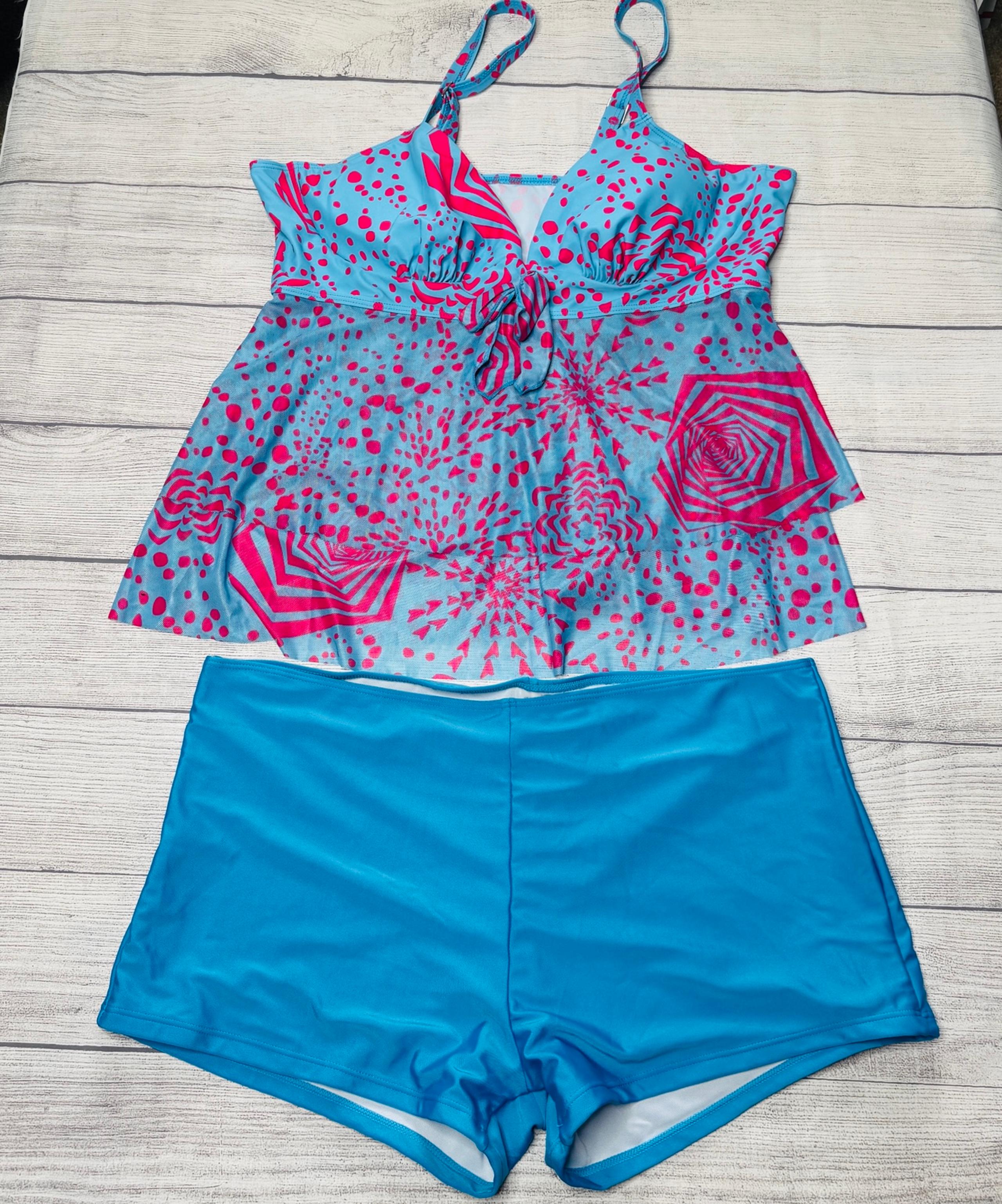 Rosegal Geo Bow Knot Adjustable Strap Tankini Swimsuit Turquoise Pink Size 2X