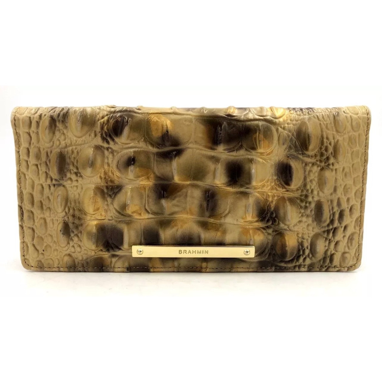 NWT Brahmin Tan/Brown/Metallic Gold Melbourne Croc Embossed Leather Wallet