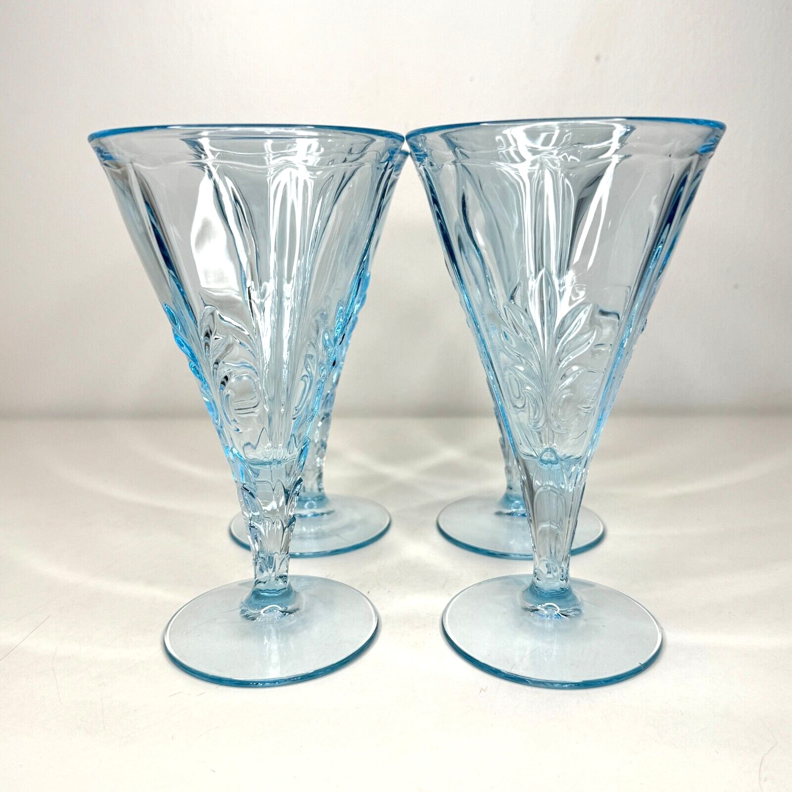 VTG MCM Fostoria Blue Azure Glass Baroque Water/Wine Goblet Art Deco Set of 4