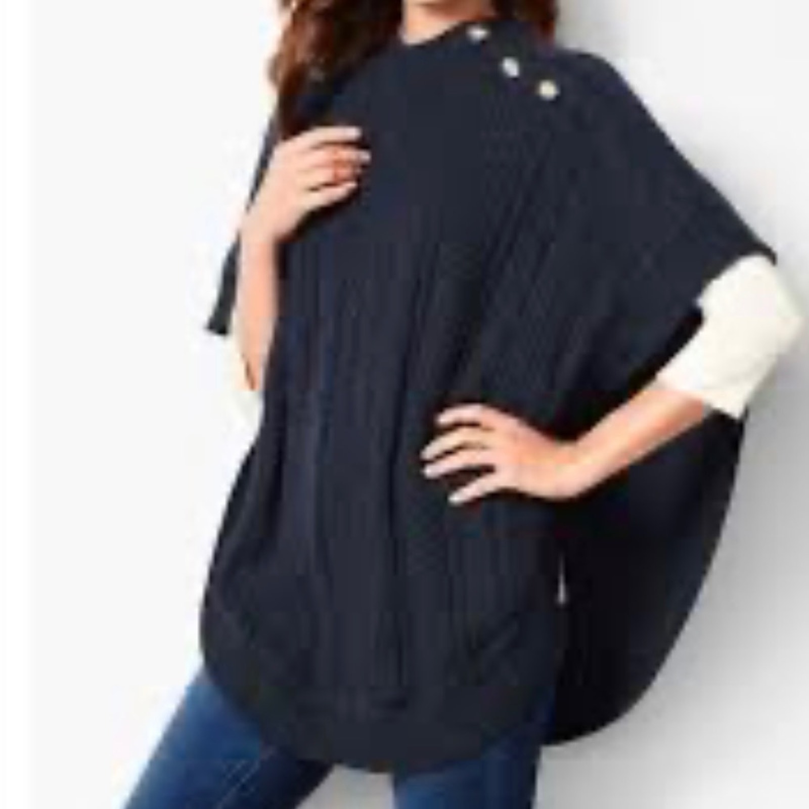 Talbots Navy Blue Chunky Knit Cable Knit Circle Cape Poncho Size Large