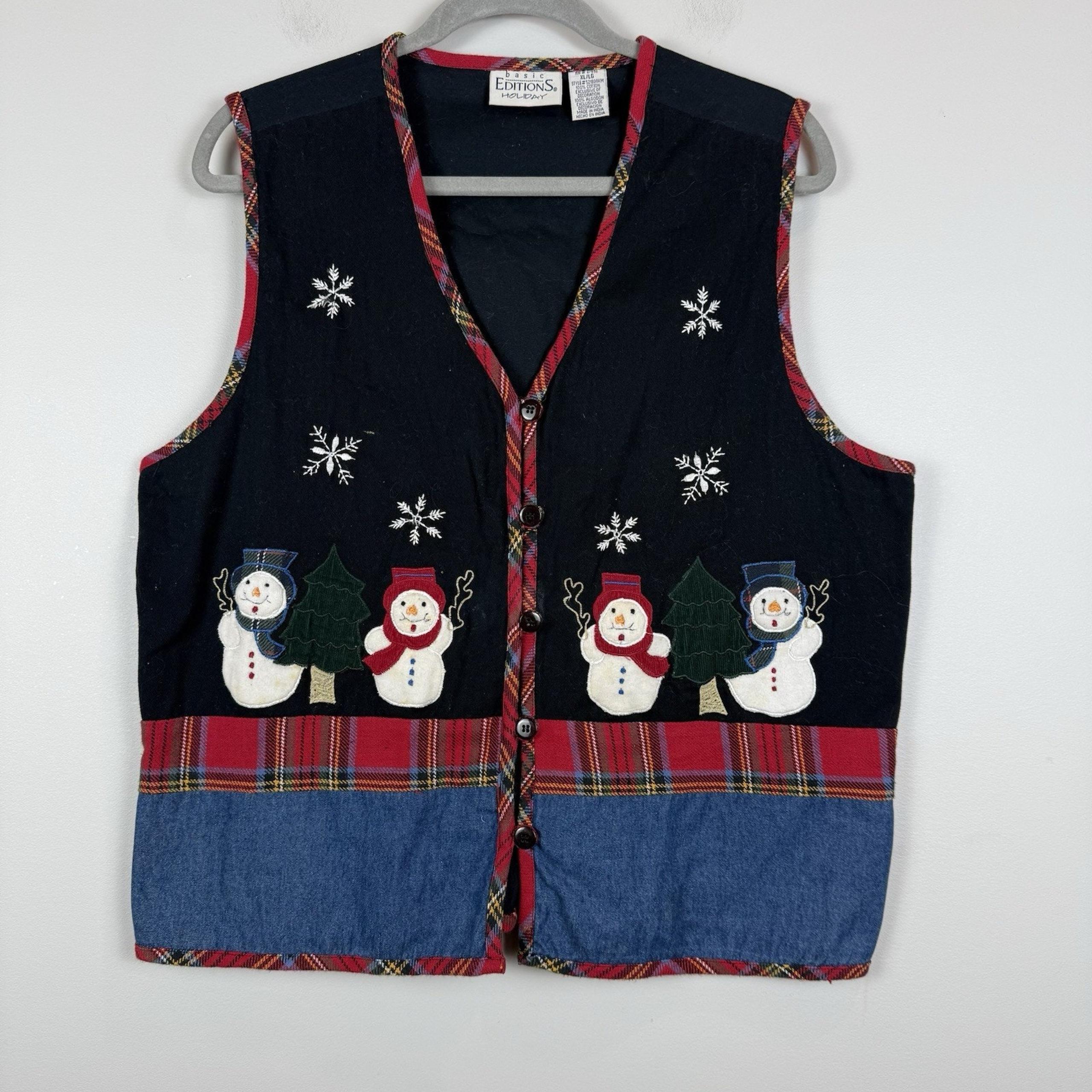 Vtg Christmas Sweater Vest Womens XL Snowmen Embroidered Sequin - Basic Editions