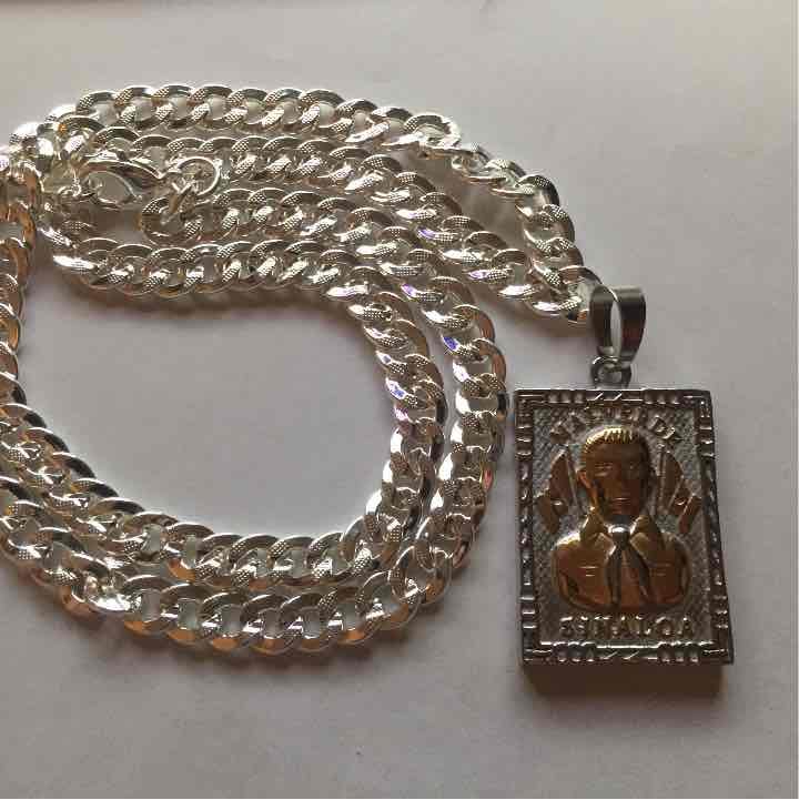14K White Gold Jesus Malverde Necklace