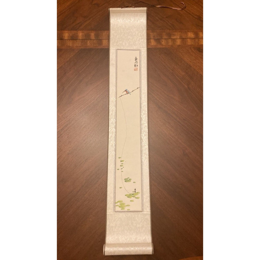 Traditional Chinese Scroll Painting Fisherman And Bird With White Silk Border