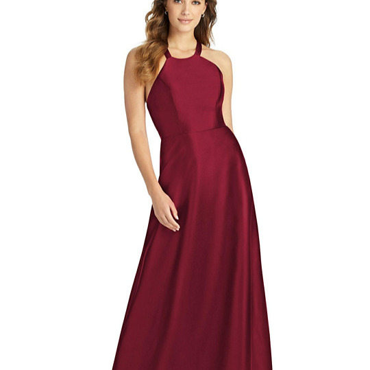Alfred Sung D763..Full length, Halter, Lace-up Back, Satin Dress..Burgundy..Sz 0