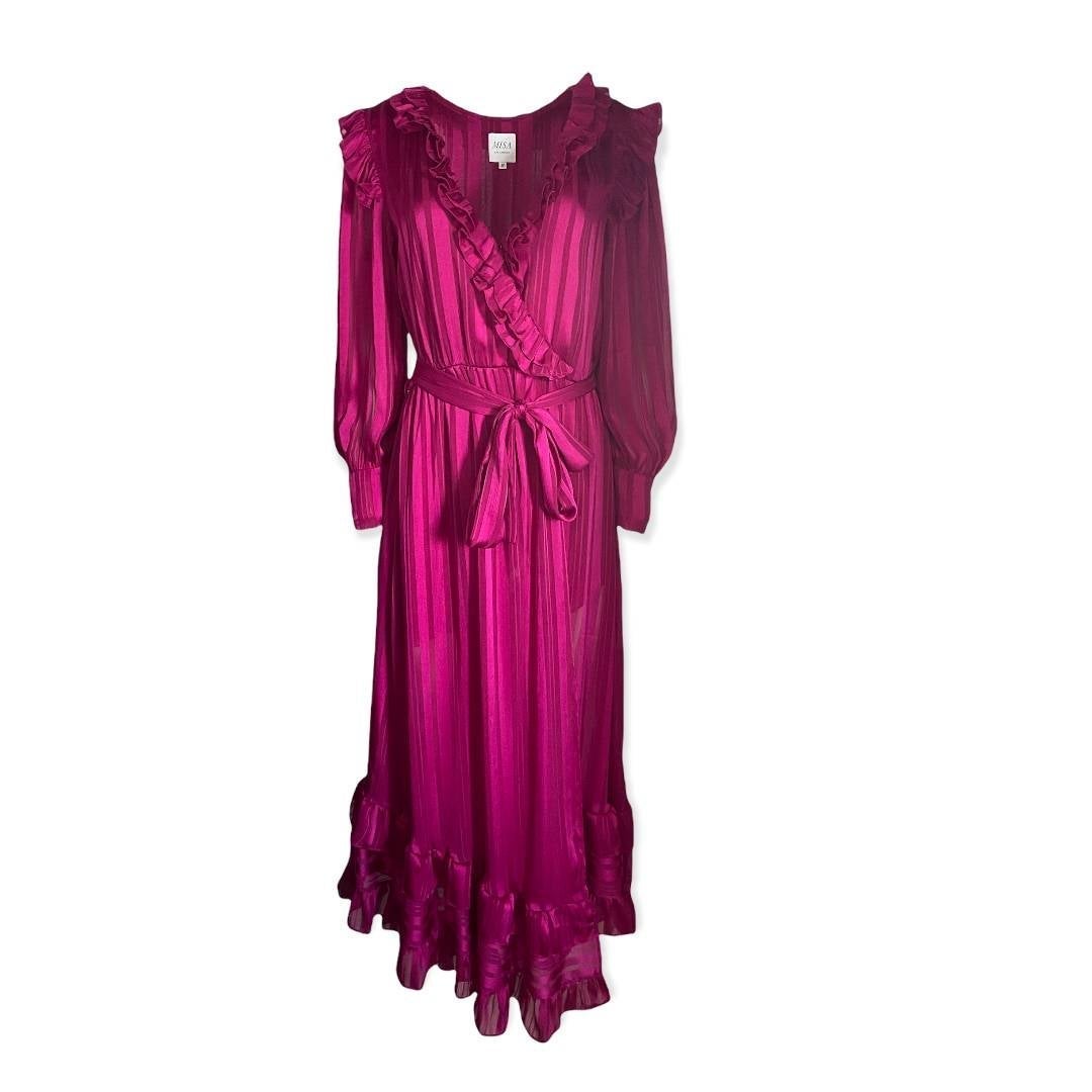 MISA Gabriela Fuchsia Striped Chiffon Midi Dress Size Medium