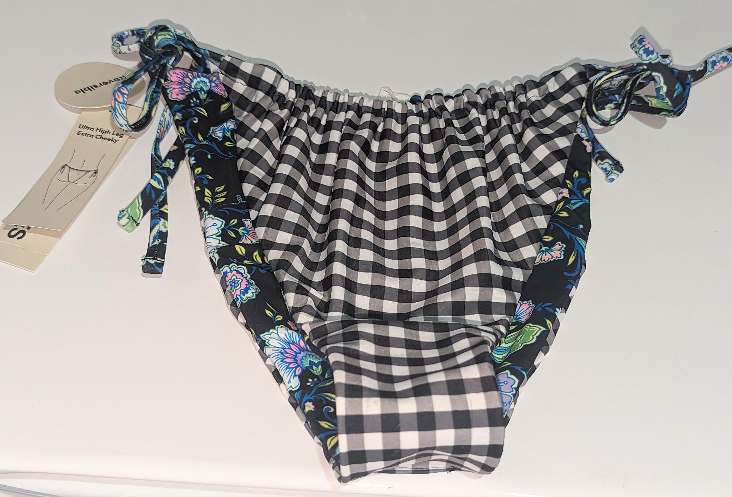 NWT, REVERSIBLE, floral/gingham,ultra high leg,Extra cheeky, swim bottom-L 12/14