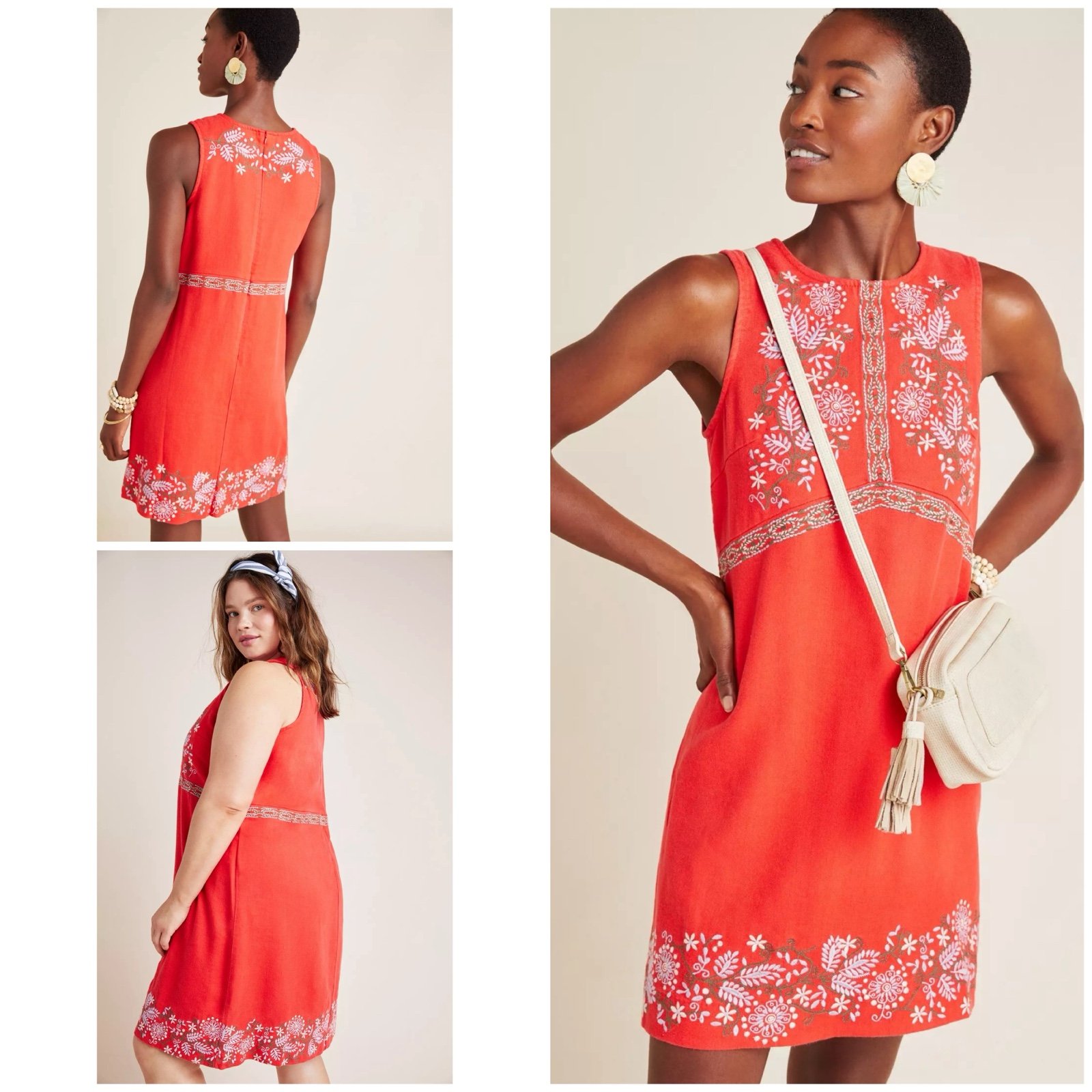 by Anthropologie Aiko Embroidered Floral Linen Blend Red Shift Dress 14