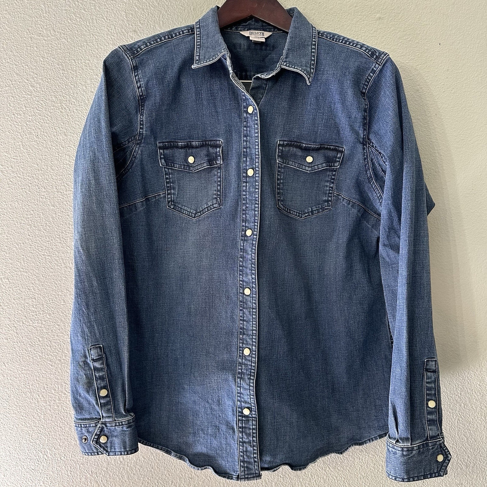 Duluth Denim Long Sleeve Pearl Snap Shirt Women's Large Blue Jean Western