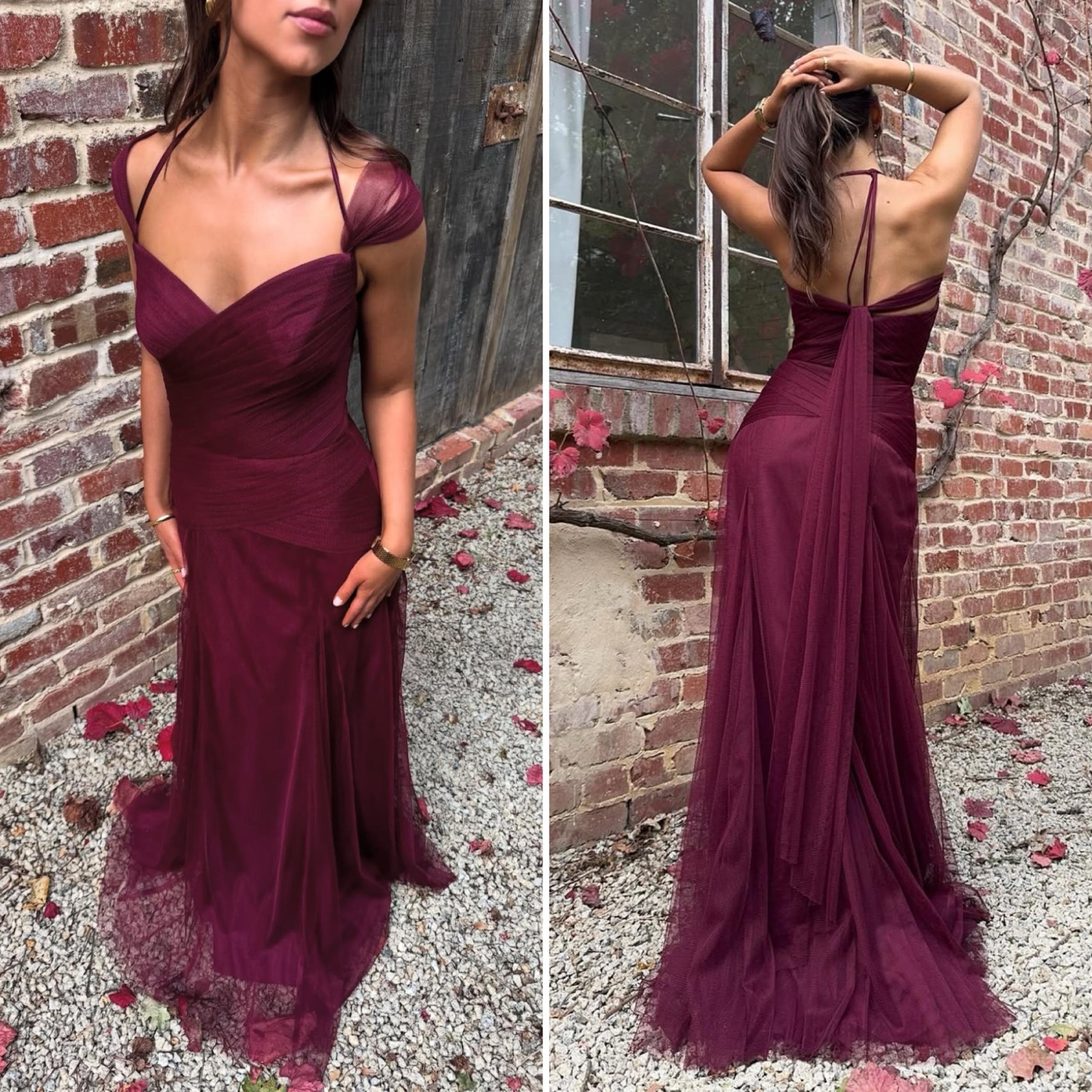 WHITE by Vera Wang Convertible Tulle Mesh Bridesmaid Maxi Dress Gown Wine Sz 8