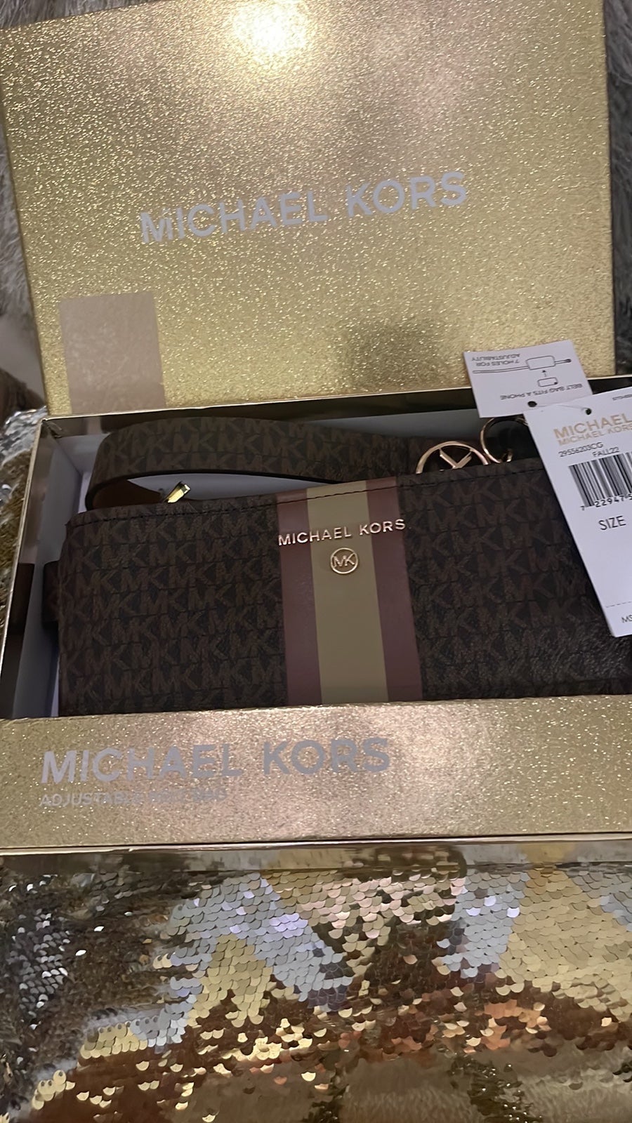 Michael kors signature jacquard belt bag/fanny pack stripe leather logo L/XL