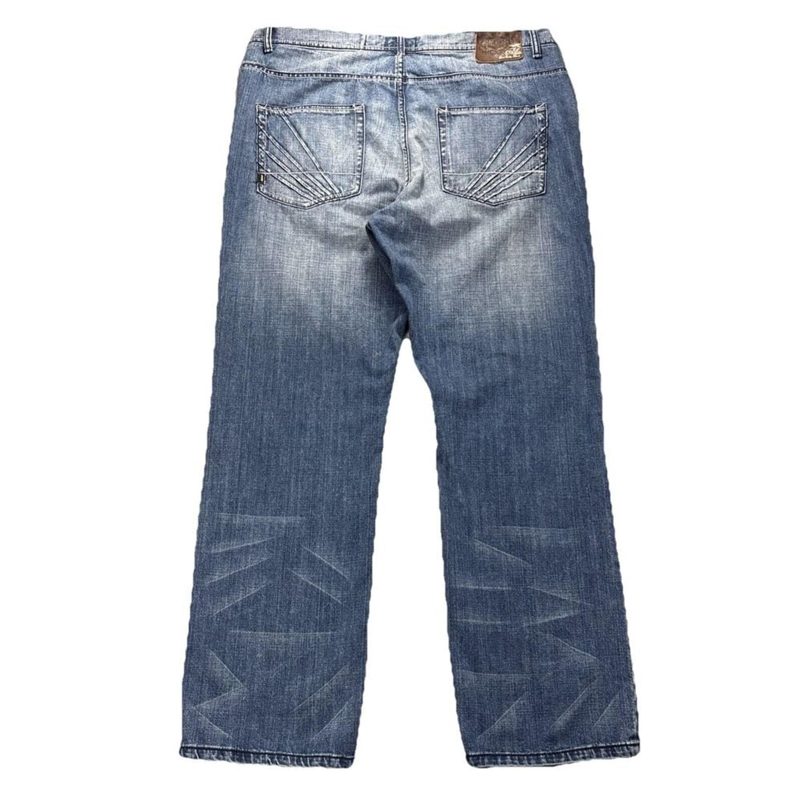 Akademiks Jeans Mens 42x34 Blue Denim Baggy Straight Whiskered Faded Skater Y2K