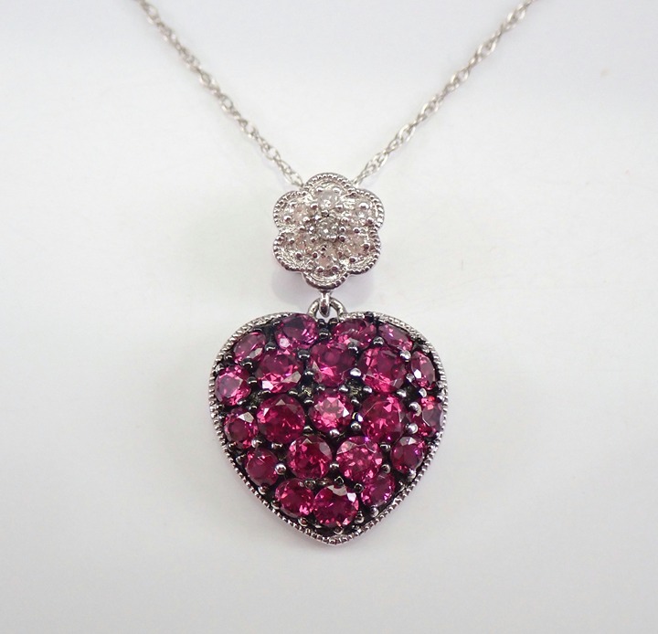 14K White Gold Garnet and Diamond Heart and Flower Cluster Pendant Necklace