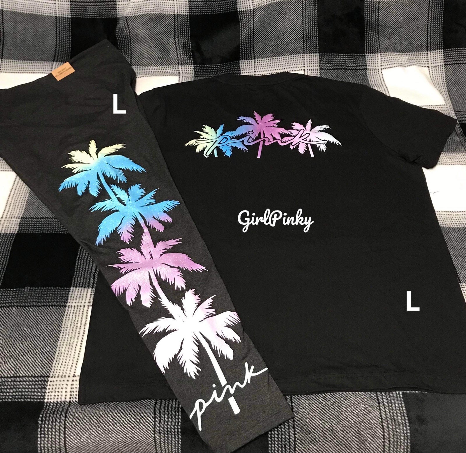 victoria secret PINK leggings outfit WITH PALM TREE SHINE CAMPUS TEE