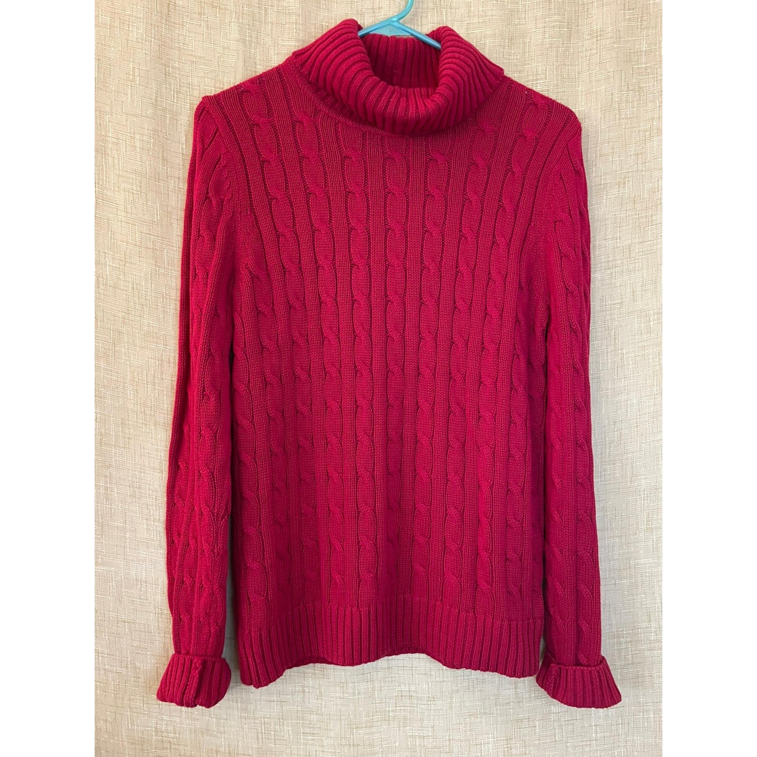 Jeanne Pierre Cable Knit Turtleneck Sweater Raspberry Red Cotton Small