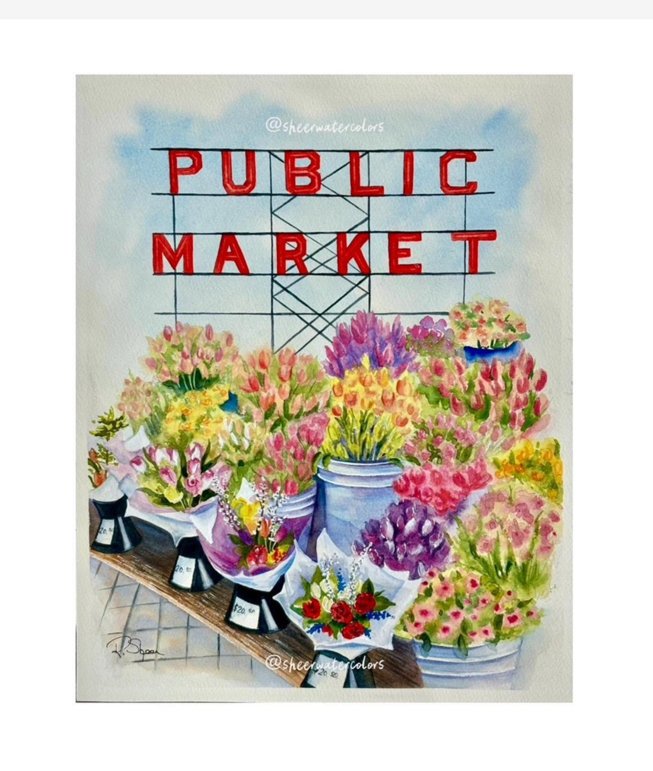 Original Watercolor Painting Pike Place Market Flowers Seattle Washington