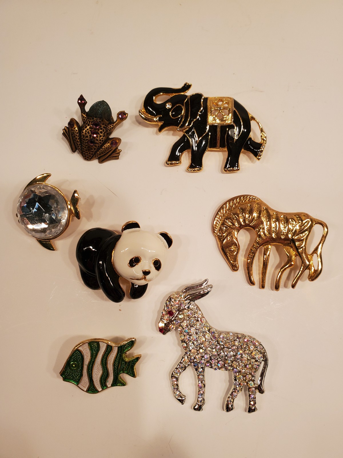 Vintage Lot of 7 Animal Brooches Pins Elephant Zebra Donkey Panda Fish