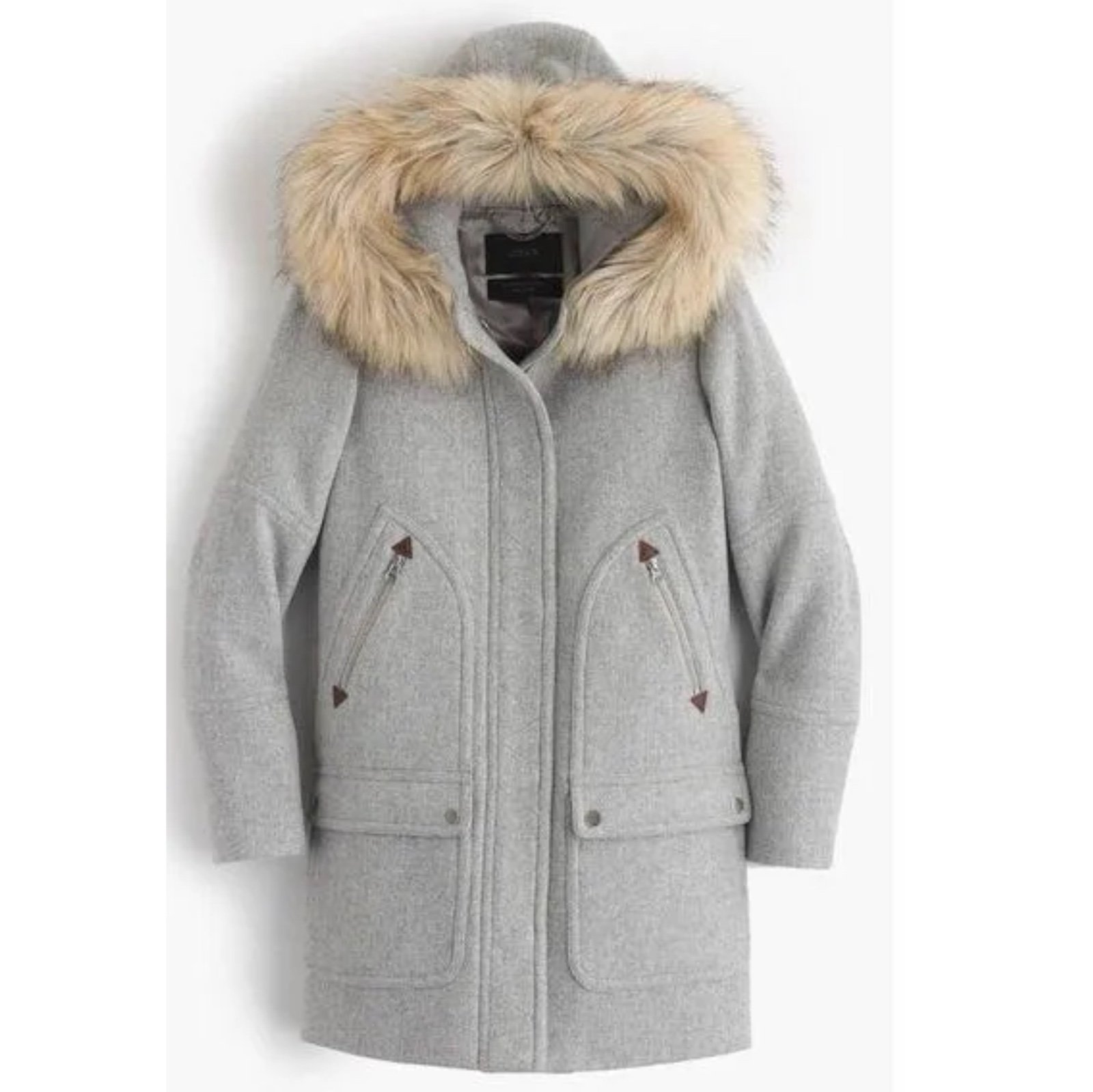 J.Crew Chateau Parka Italian Wool Stadium Cloth Coat Fur Hood B3901 Gray, sz 00
