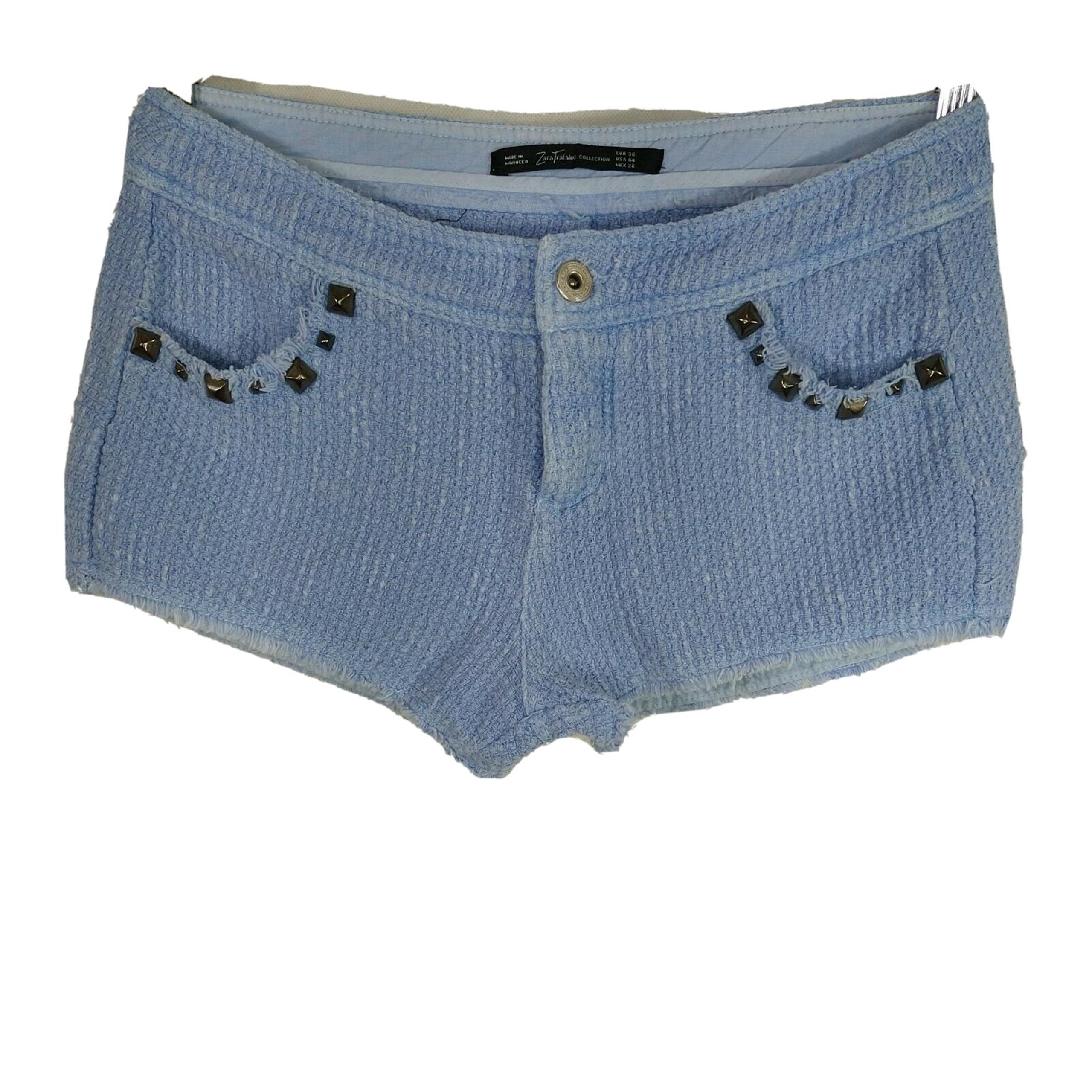Zara Trafaluc Shorts Women Size 4 Blue Woven Raw Hem Zipper Fly Flat Front Studs