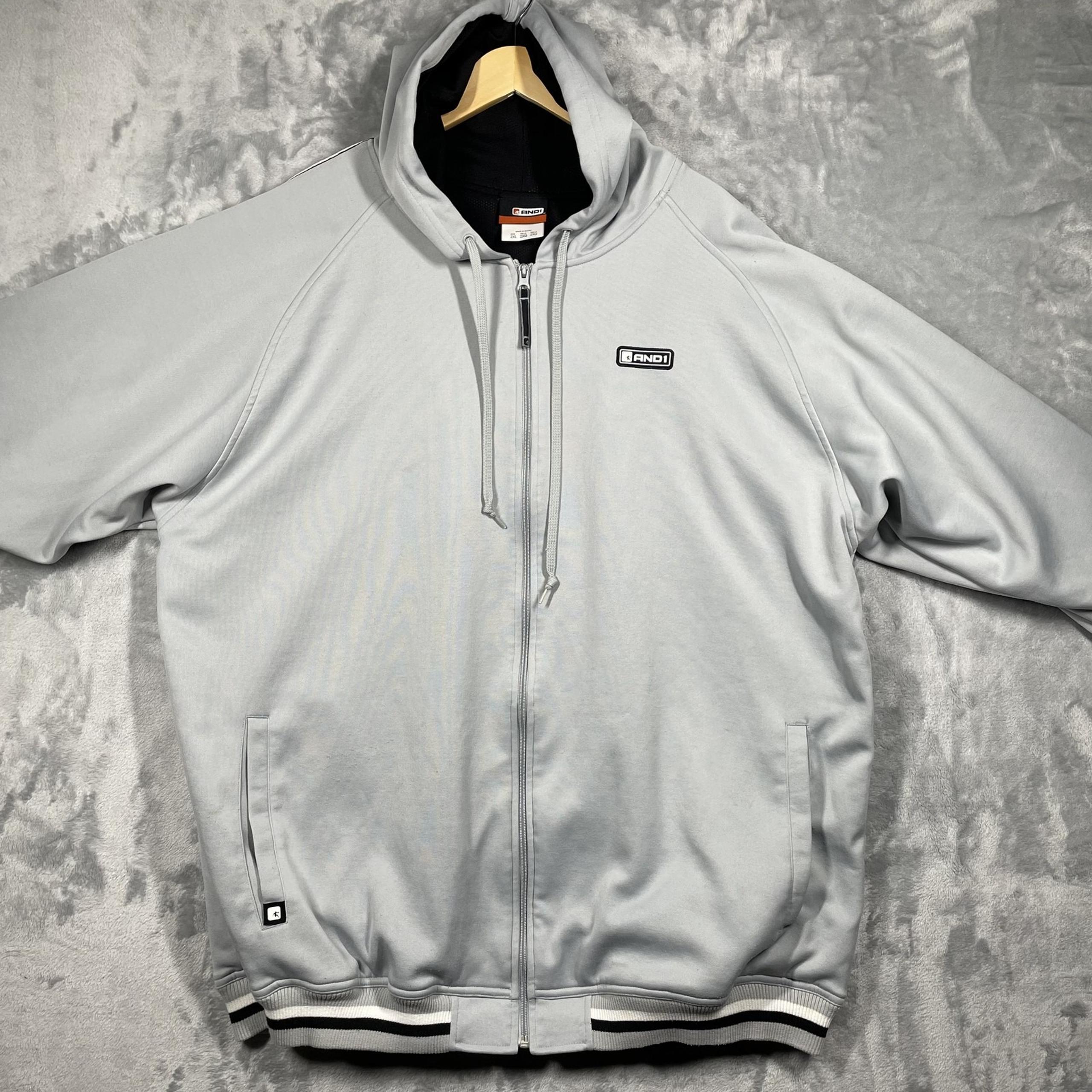And1 Jacket Mens 2XL Gray Full Zip Hoodie Polyester Lined Striped Trim Athletic