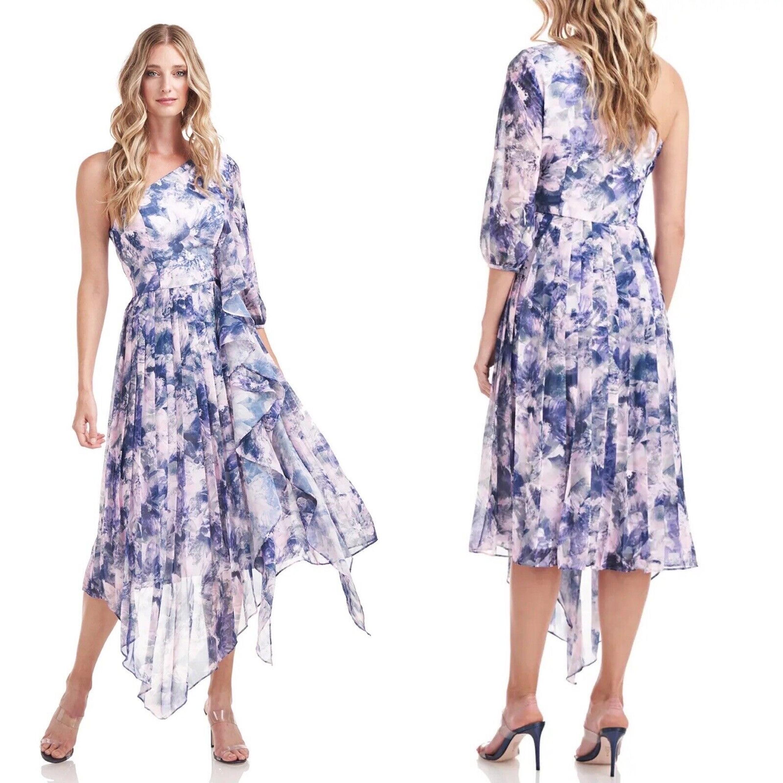 Kay Unger Women 2 Kaylee Dress Pink One Shoulder Handkerchief Watercolor Midi