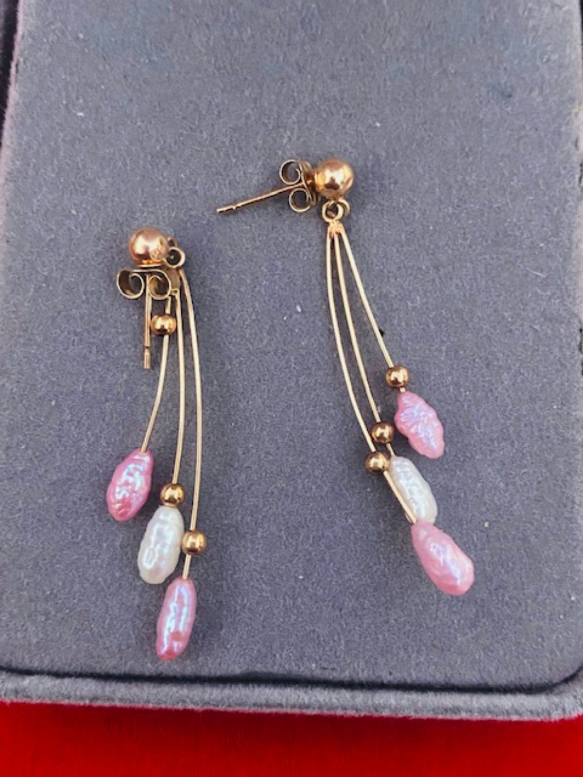 Beautiful Solid 14K Gold Rice Pearl Dangle Earrings