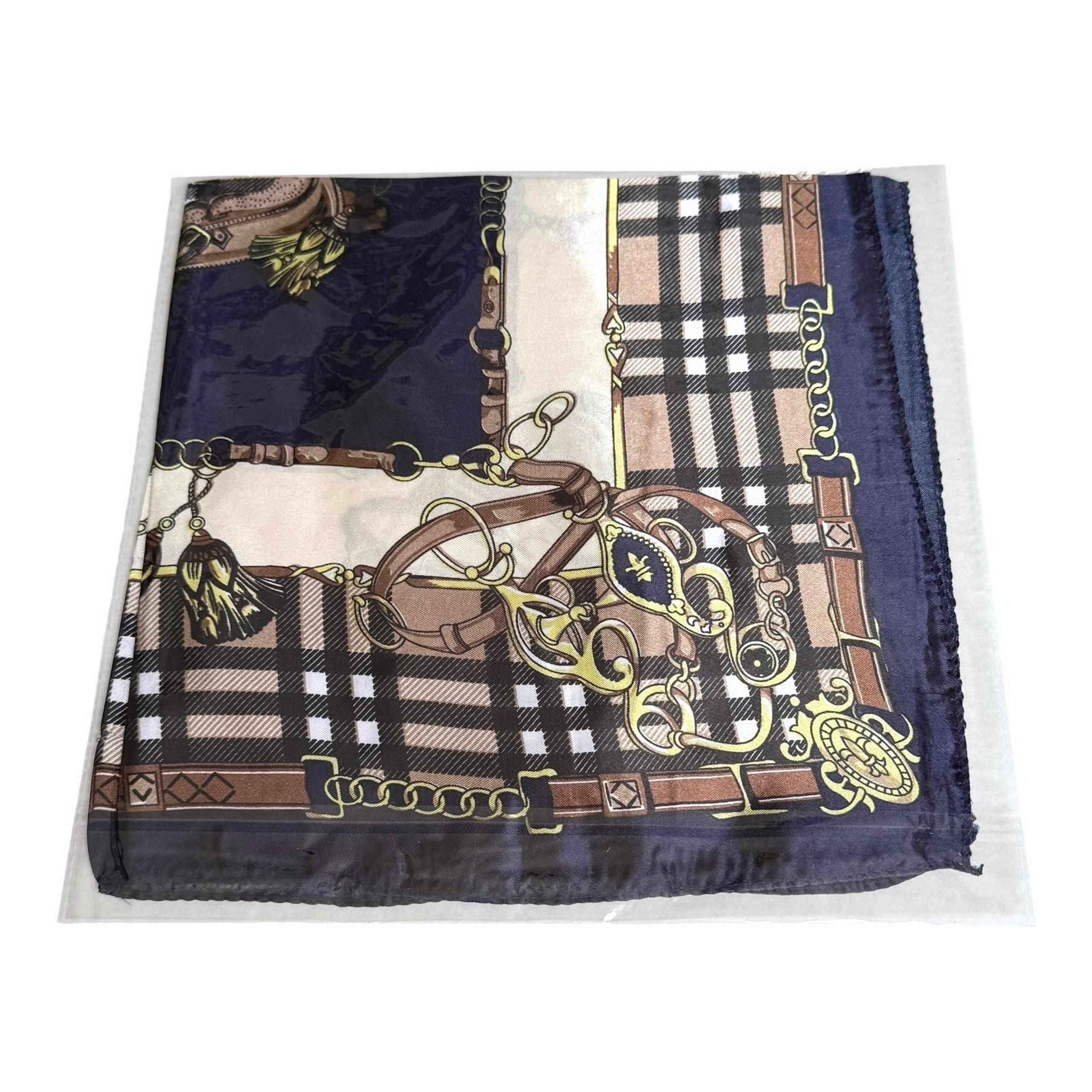 NEW Equestrian Horse SCARF Purse Hat Neck Tie 20x20 Plaid Blue Brown Silky Poly