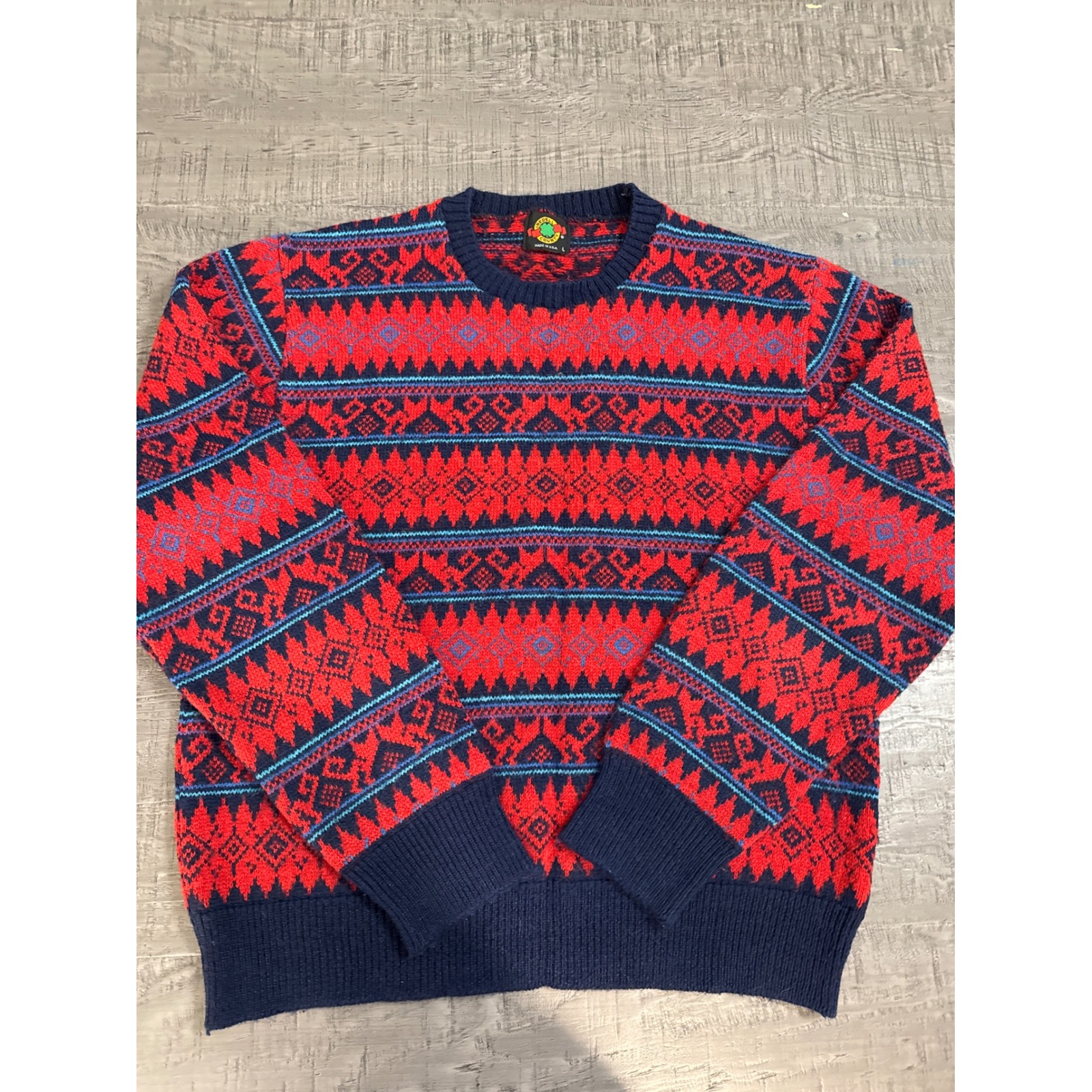 Vintage 80s Iredell County Sweater L USA Orlon Knit Red Blue Fair Isle Geometric