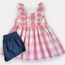 Sz 6 Well Dressed Wolf Pink Buffalo tunic and chambray shorts set WDW Omi Jo