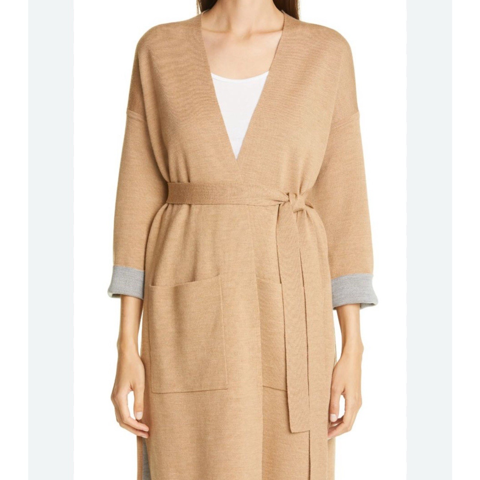 Eileen Fisher Camel Kimono Cashmere Cardigan Sweater Size Large EUC