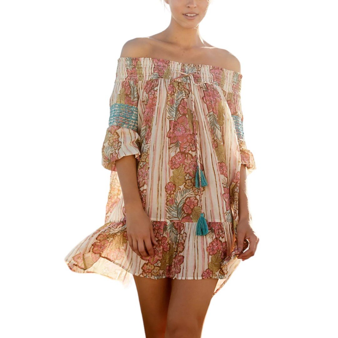 Free People Beige Floral Off Shoulder Smocked Bicoastal Coverup Dress S