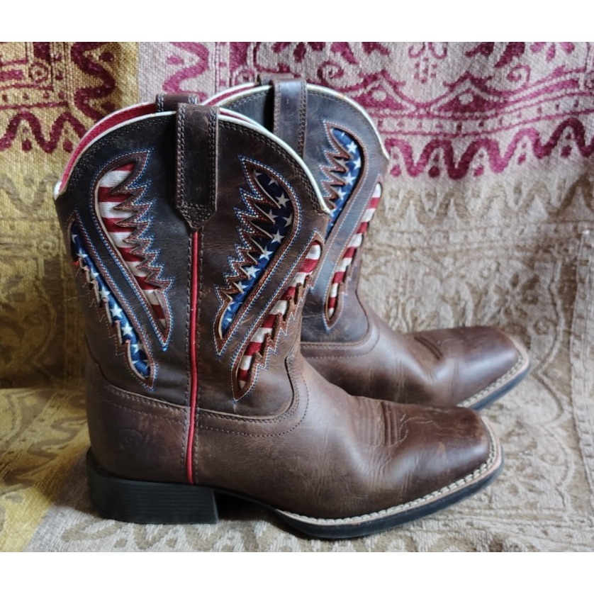 Ariat Quickdraw VentTEK American USA Flag Western Leather Cowboy Boots Kid's 3.5