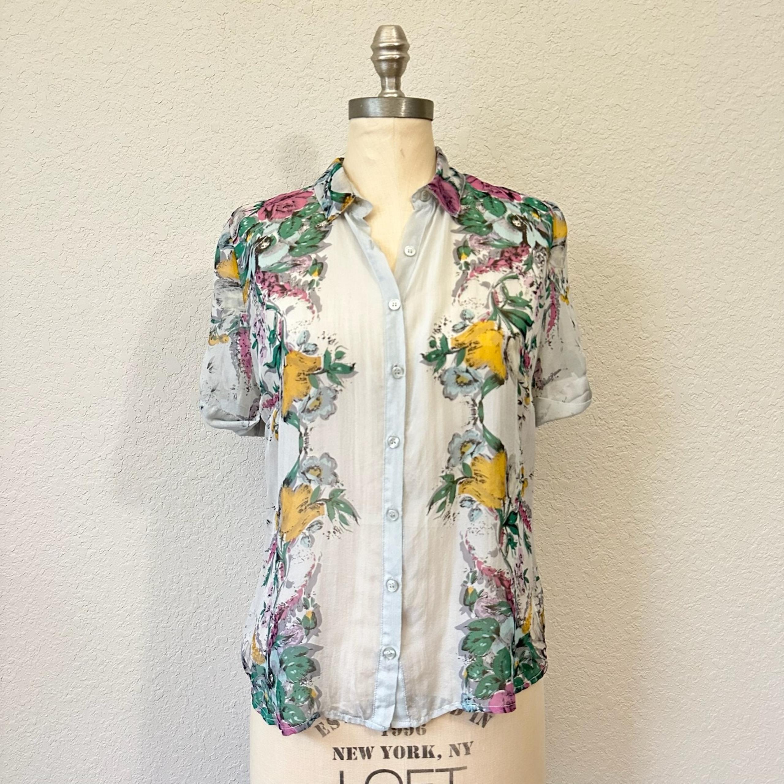 JOHNNY WAS 4 LOVE AND LIBERTY Shirt Multi Floral Silk Button Up Sheer