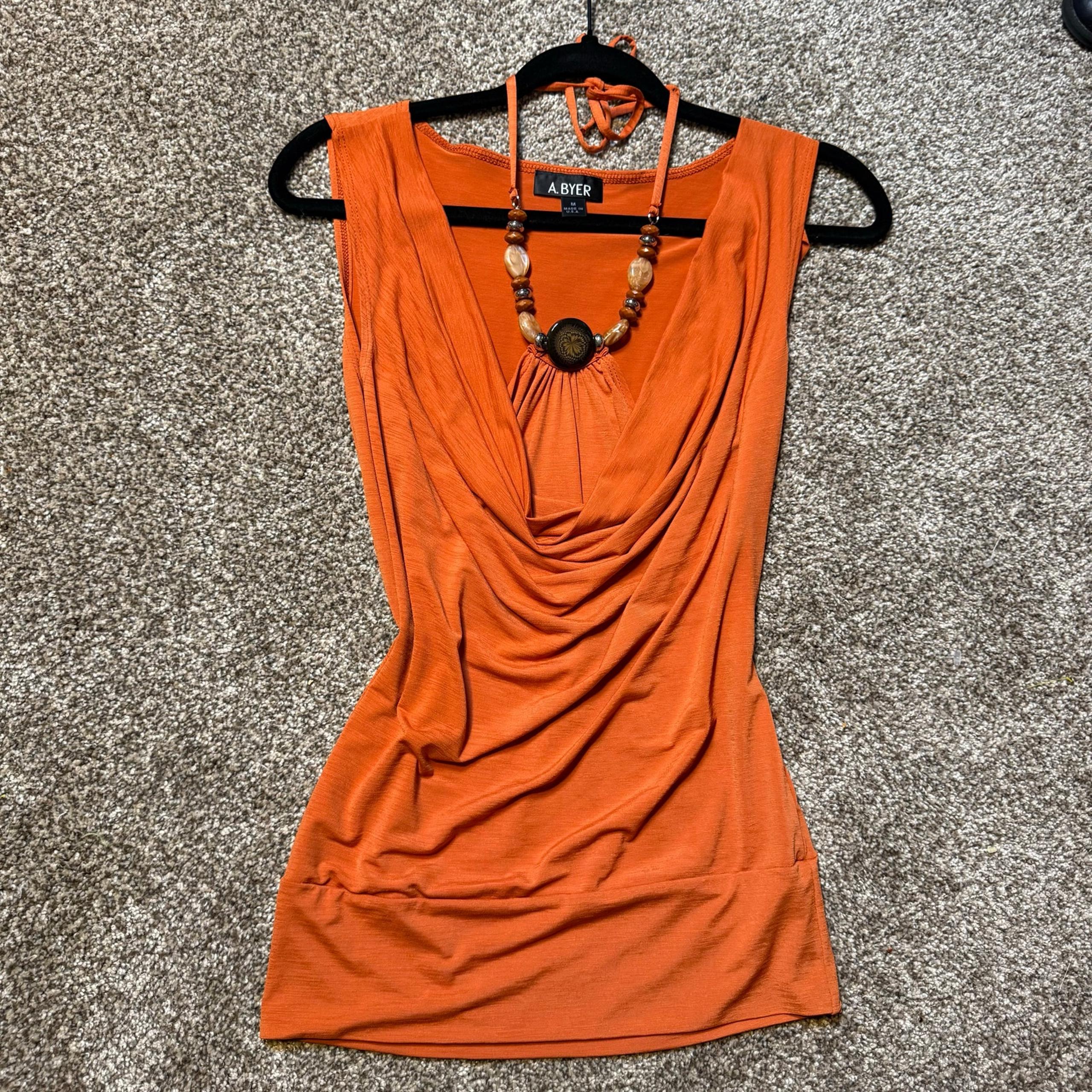 Vintage A BYER 90s Y2K Orange Scoop Neck Beaded Halter Tank Top Boho Trendy Fall