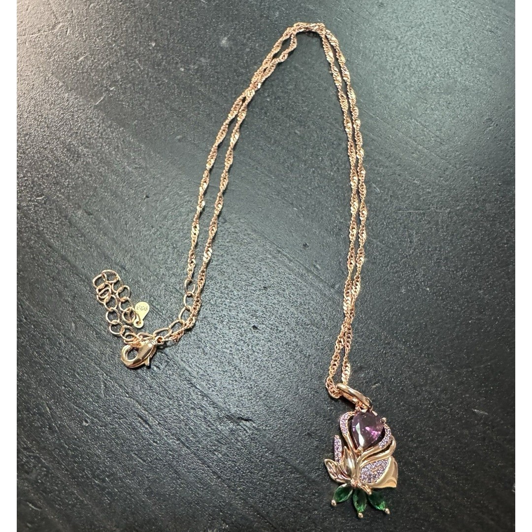 585 14K RG Stamped Purple Green Swan Gemstone Pendant 19” Necklace Clasp Chain