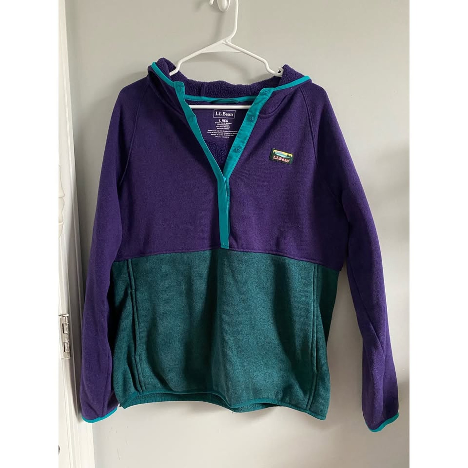 LL Bean Womens Large Jacket Pullover Knit Fleece Purple Green Colorblock Snap