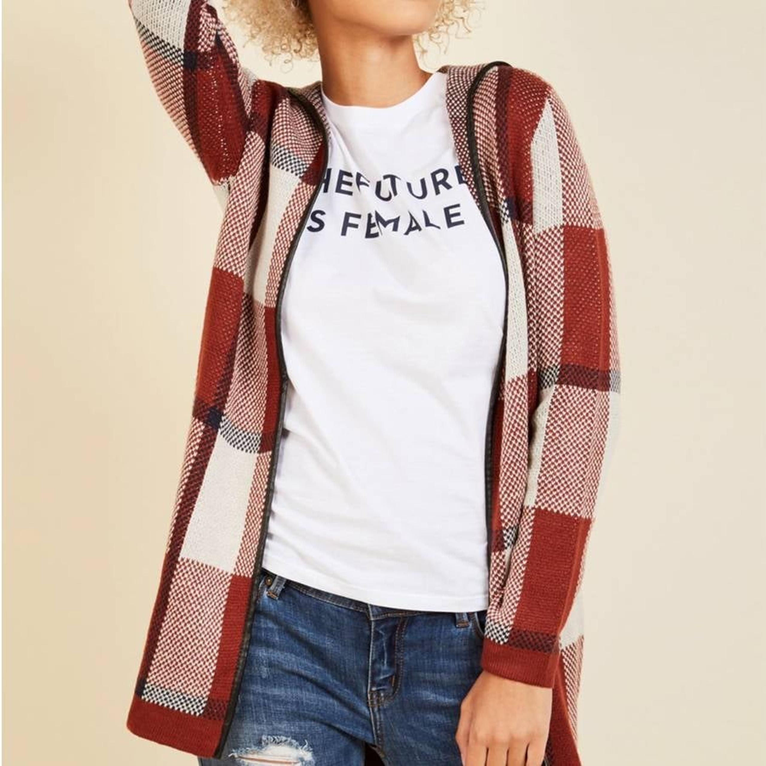 NWOT-VERO MODA for MODCLOTH: Long Red Plaid Sweater Jacket/Cardigan, XS