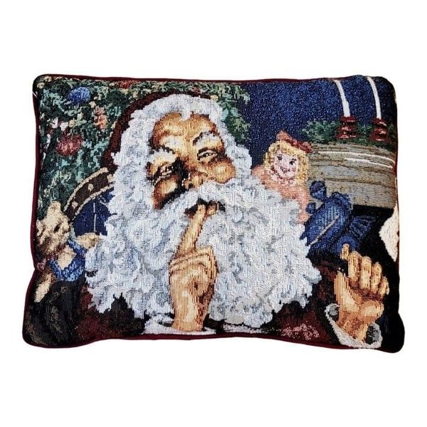 Vintage Santa Claus With Doll Teddy Bear Needlepoint Christmas Throw Pillow