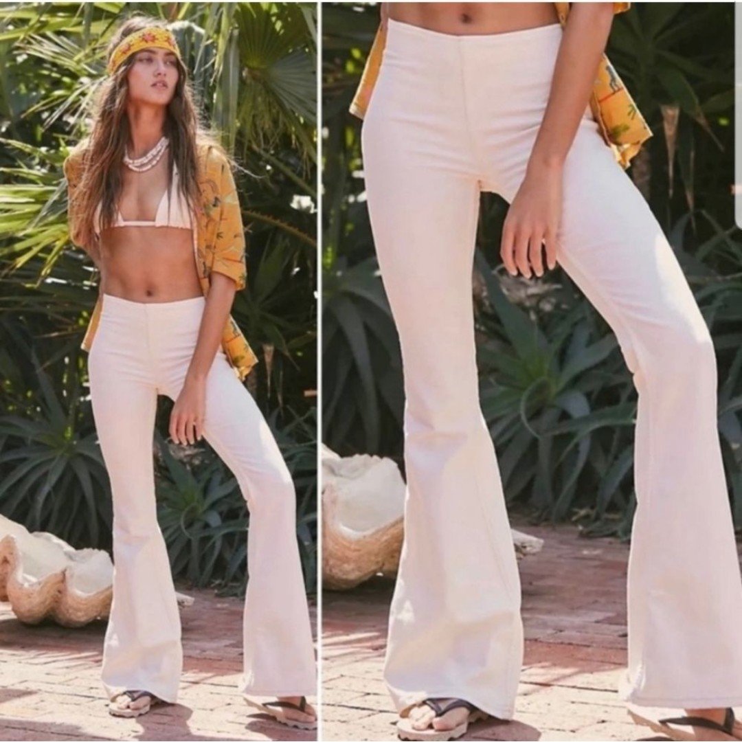 Free People Womens Penny Pull On Flare Jeans Cream Ivory Size 32