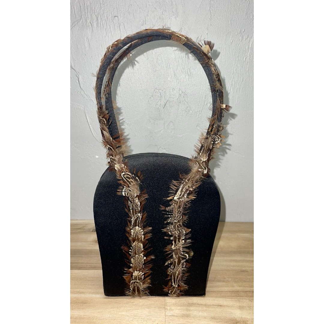 VTG Julie Feldman Purse Black Satin With Brown Chinchilla Feathers One Of A Kind