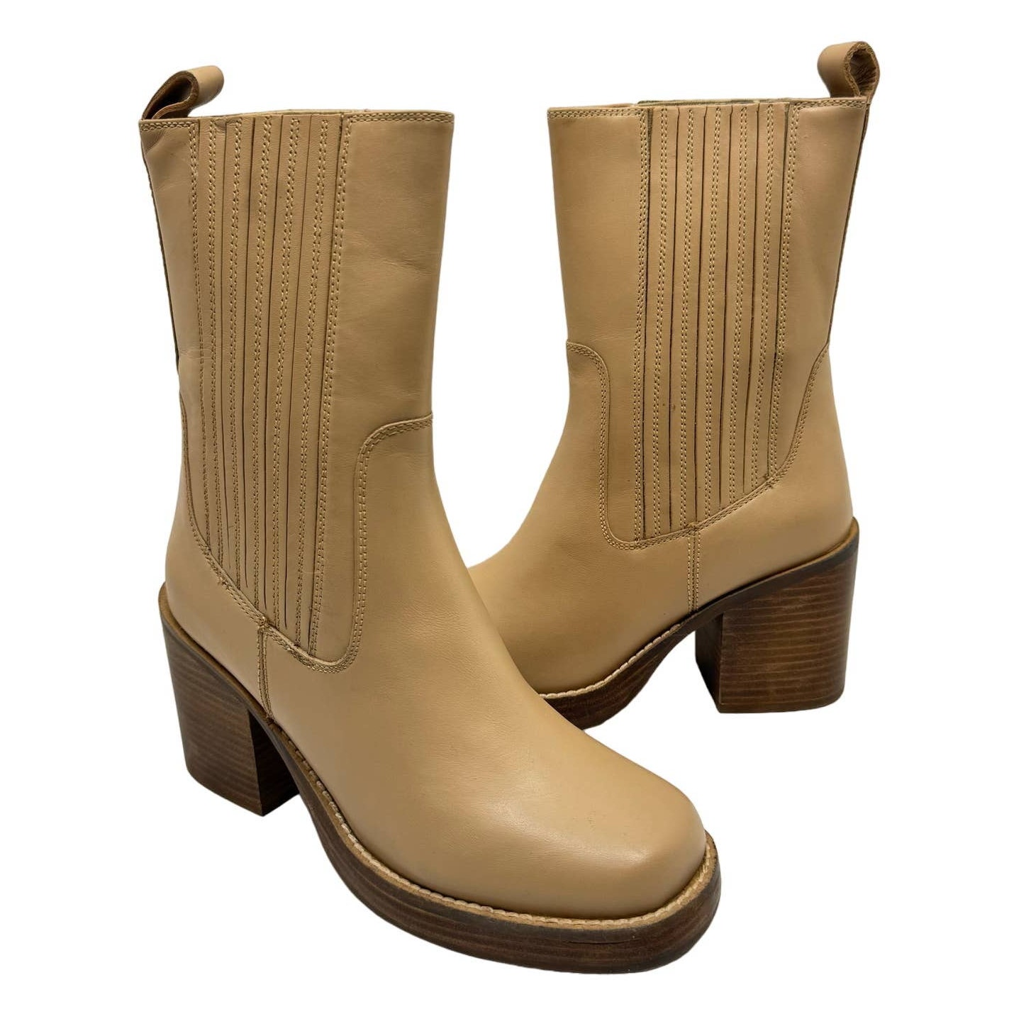 NEW Seychelles Sweet Escape Tan Leather Pull On Block Heel Square Toe Boots